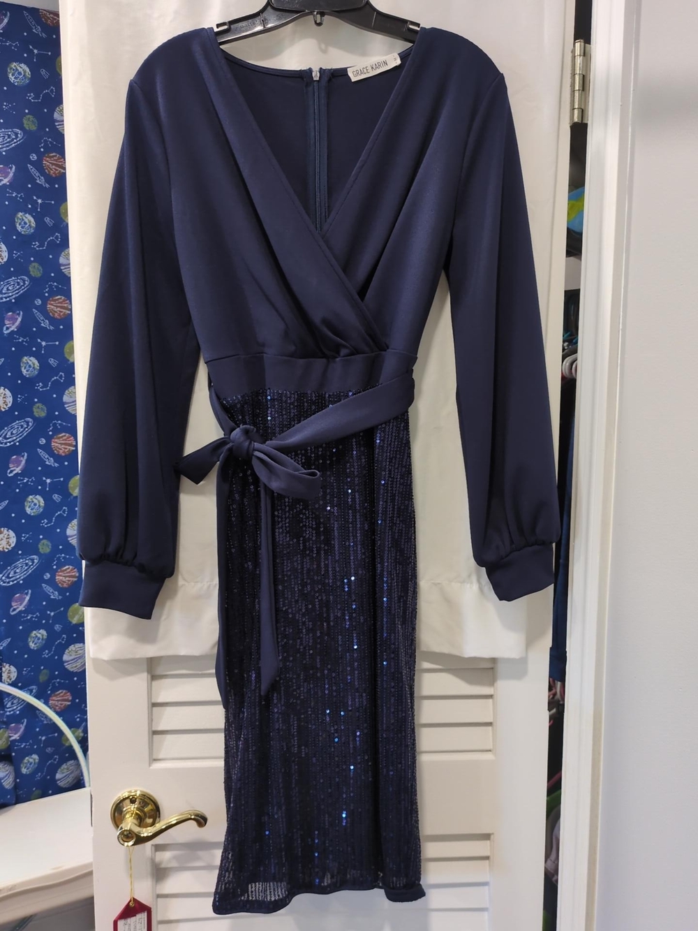 Grace Karin Navy Wrap Midi Dress with Sequin Skirt